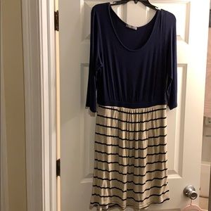 Navy and cream striped long sleeve jersey dress